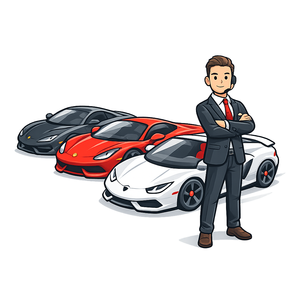 Dealer standing proudly in front of exotic fleet